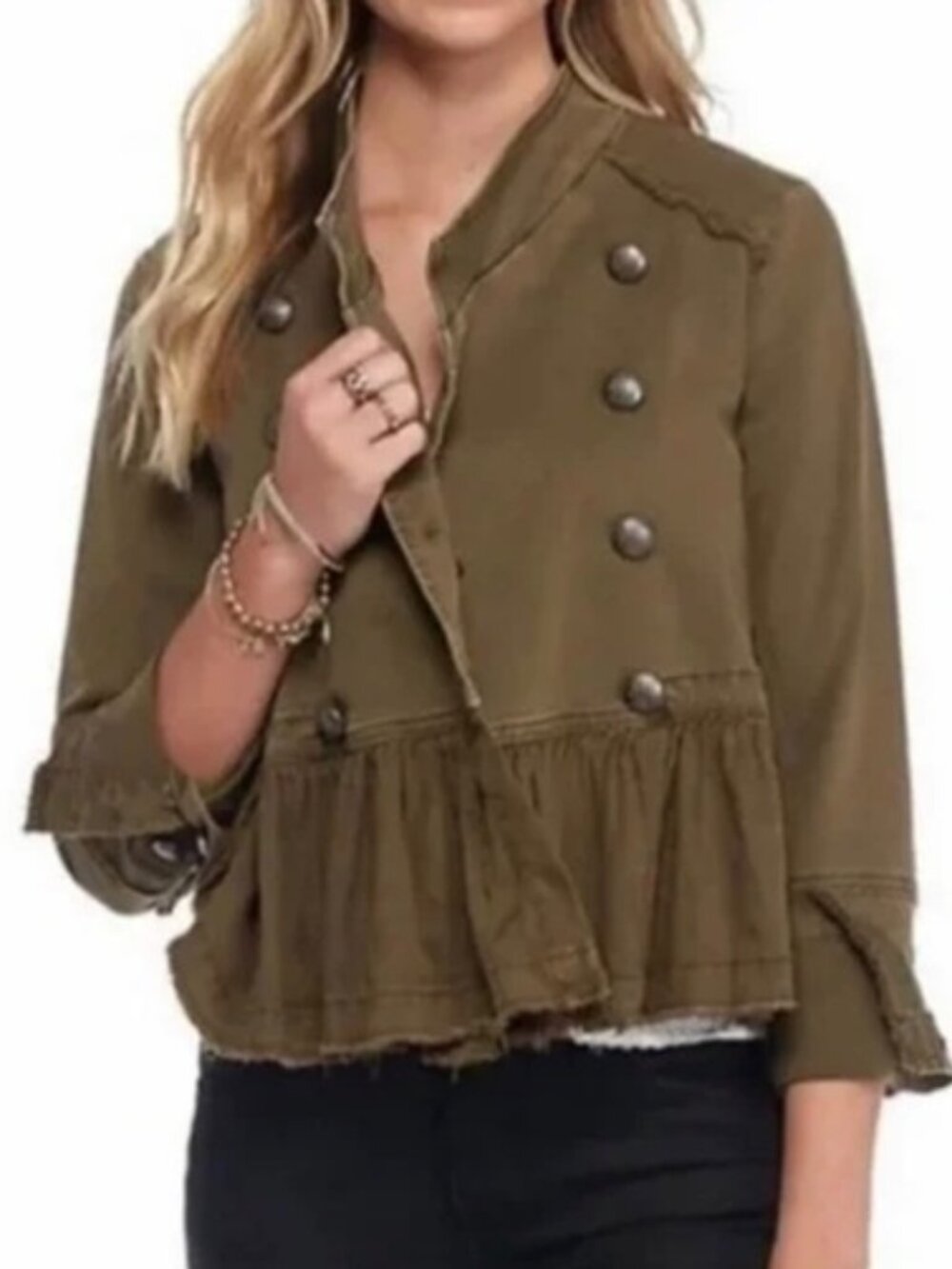 Free People Double Breasted Ruffled Military Jacket